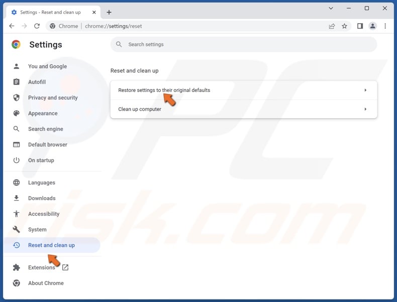 Select Reset and Clean up and click Reset settings to their original defaults