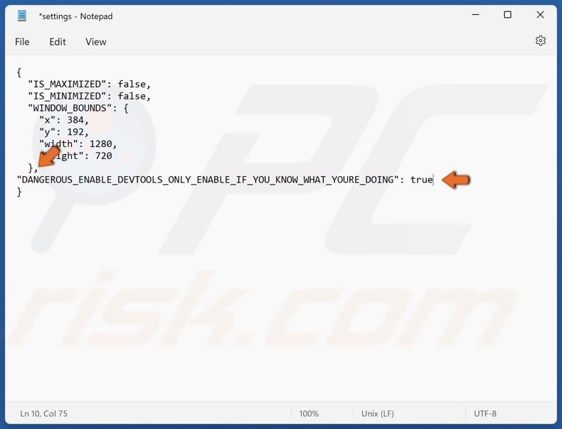 Add a comma in the second line and insert new value to enable devtools