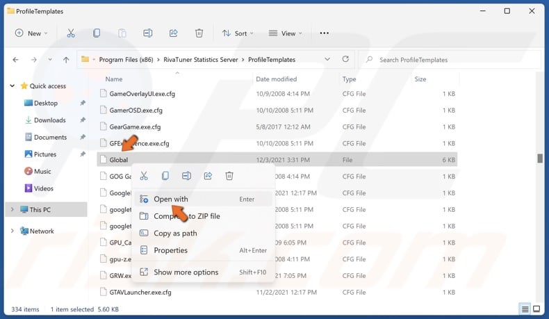Right-click Global and click Open with