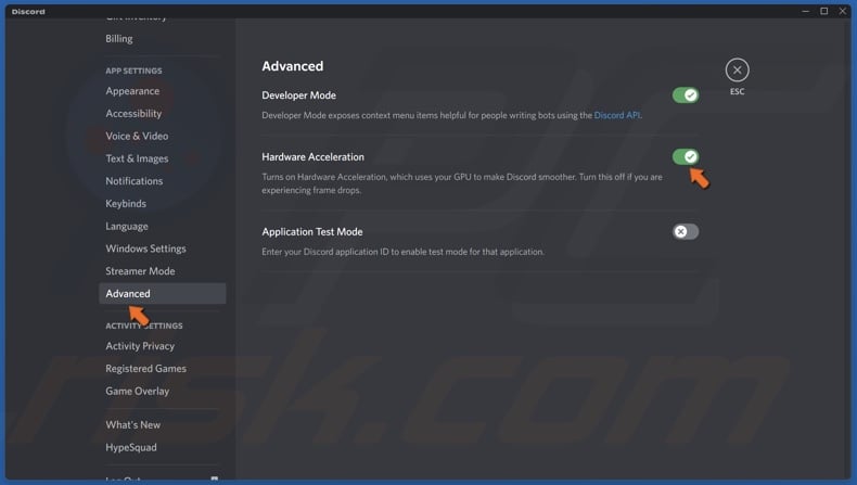 Select Advanced and toggle off Hardware Acceleration