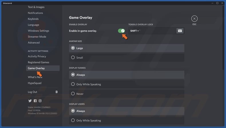 Select Game Overlay and toggle on the in-game overlay