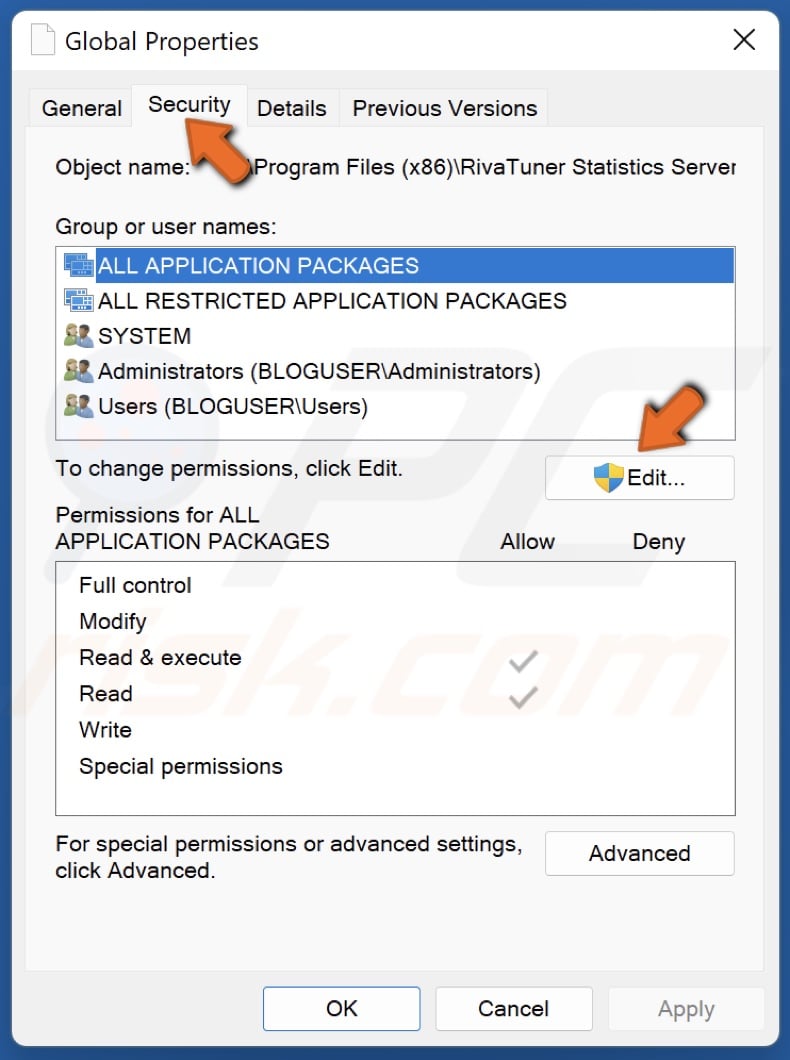 Select the Security tab and click Edit
