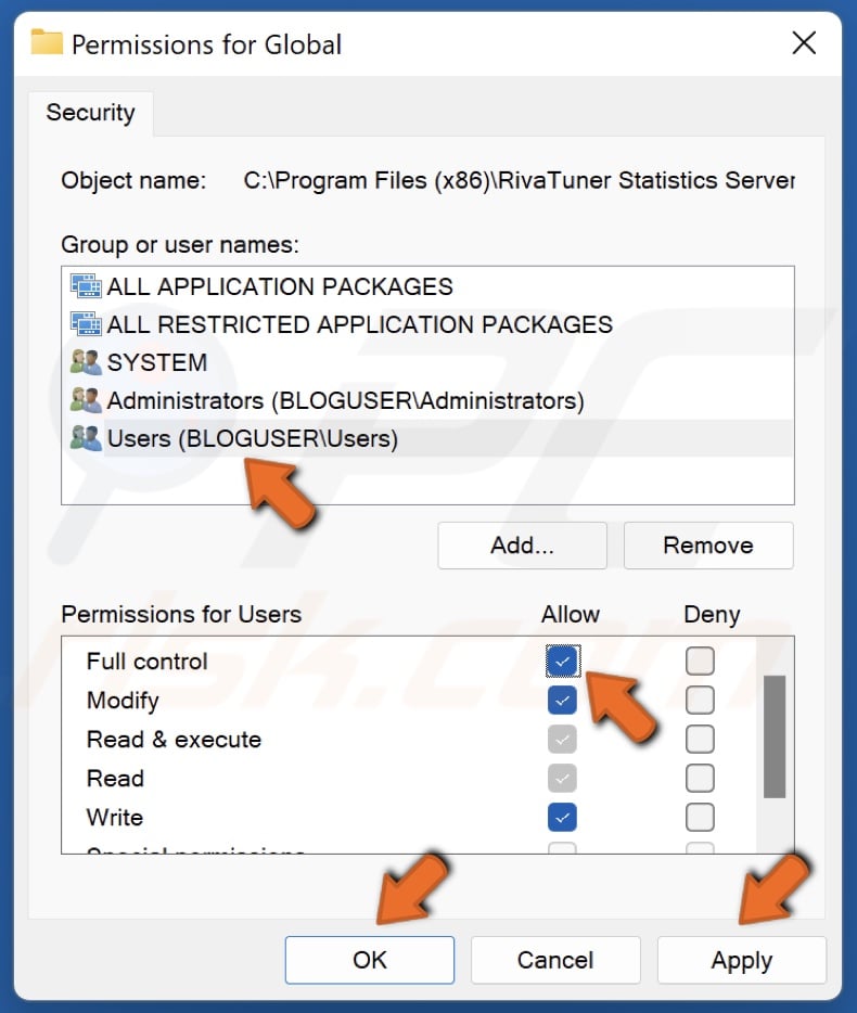 Select your Windows user account and allow full control