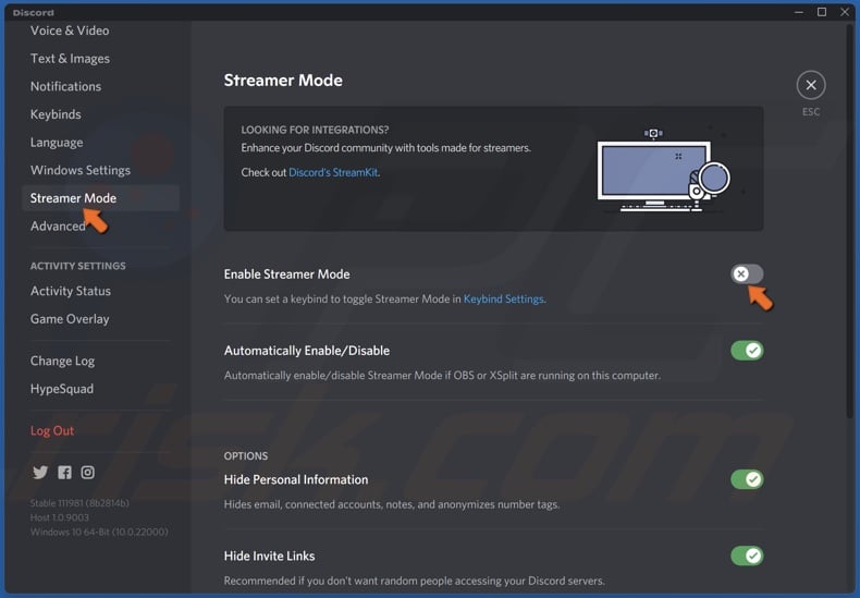 Select Streamer mode and toggle the slider next to Streamer Mode to disable it