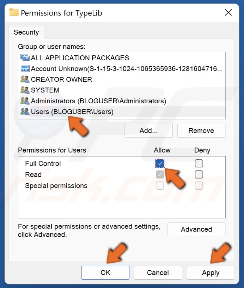 Mark the Allow checkbox to grant full control