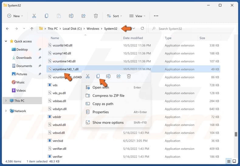 Right-click the DLL file and click Copy