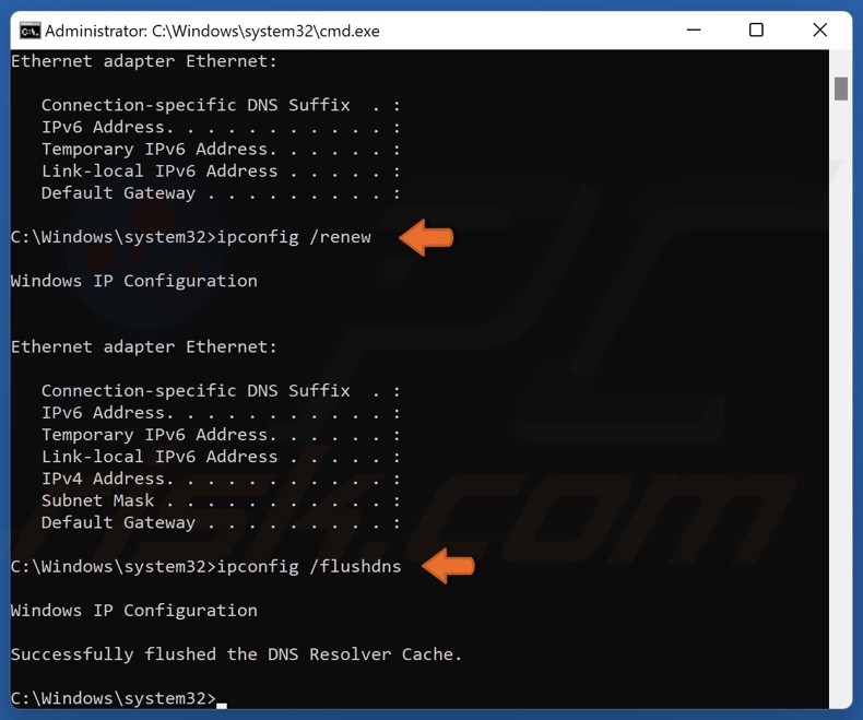 Run ipconfig /renew and ipconfig /flushdns commands