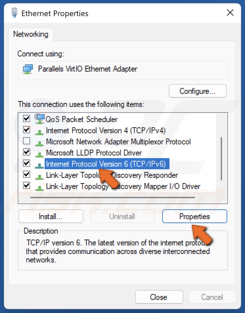 Select IPv6 and click Properties
