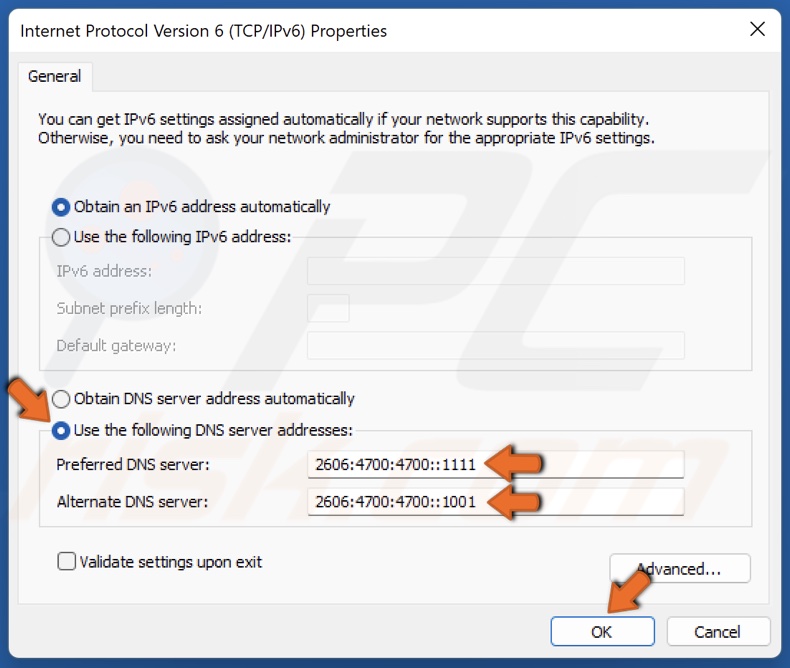 Change DNS server addresses for IPv6