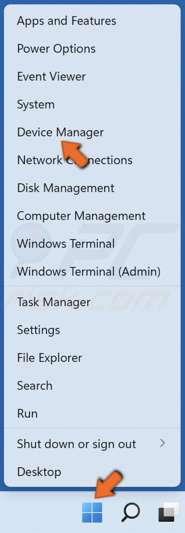 Right-click Start and select Device Manager