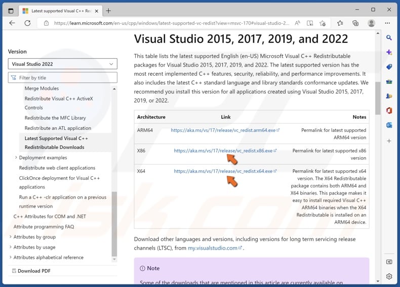 Download vc_redist.x86 and vc_redist.x64 installers