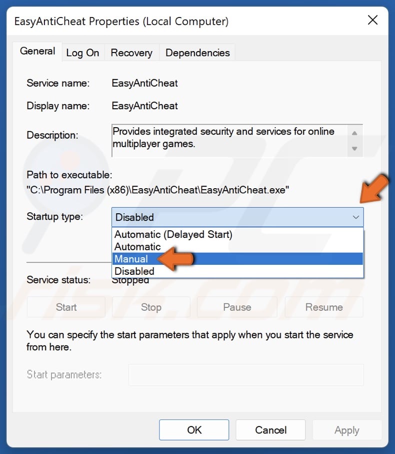 In the Startup type drop-down menu select Manual