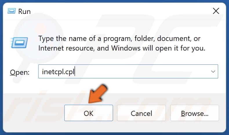 Type in inetcpl.cpl in Run and click OK