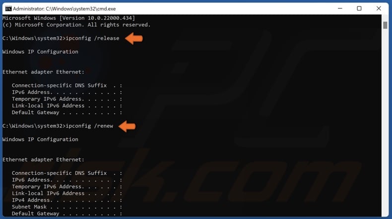 Run ipconfig /release and ipconfig /renew commands