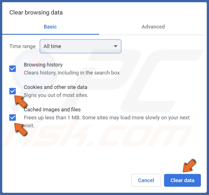 Mark Cookies and other site data and Cached images and files and click Clear data