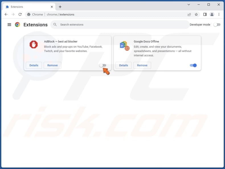 Toggle the slider to disable an extension