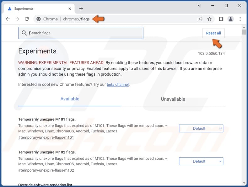 Type in chrome://flags/ in the Omnibox and click Reset all