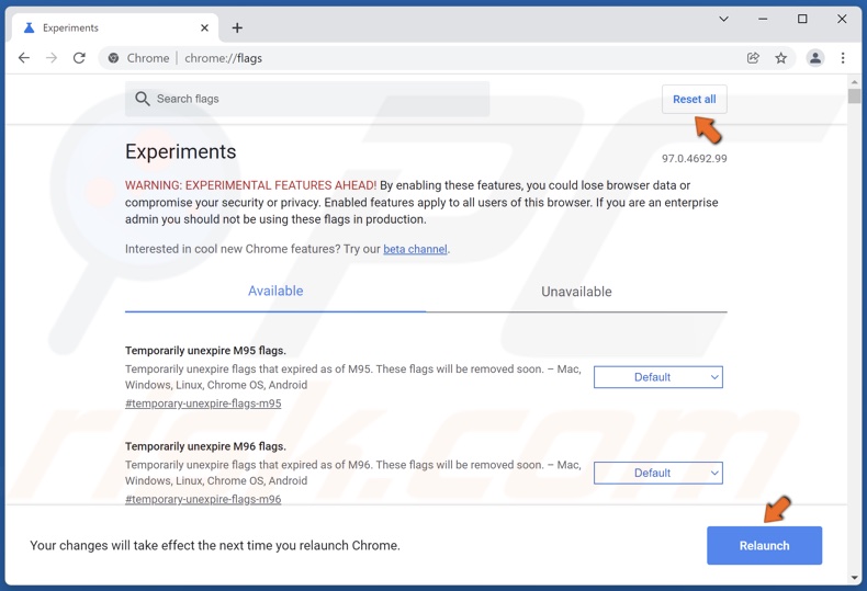 Type in chrome://flags omnibox and then click Reset all and click Relaunch