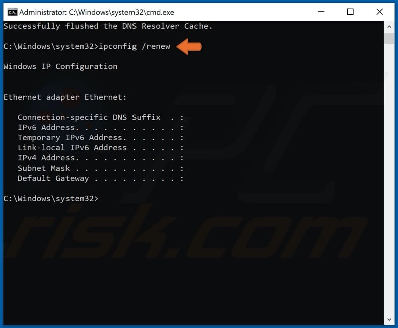 Type in ipconfig /renew and press Enter