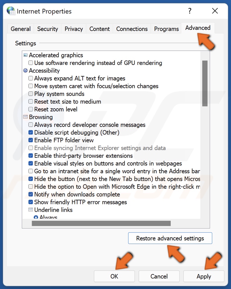 Click Restore advanced internet options and click Apply