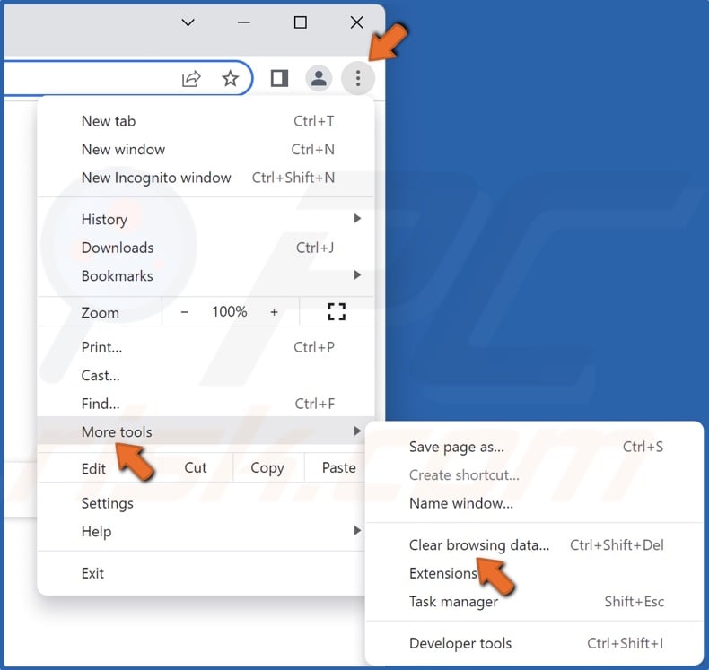 Click the ellipsis, select More tools and click Clear browsing data