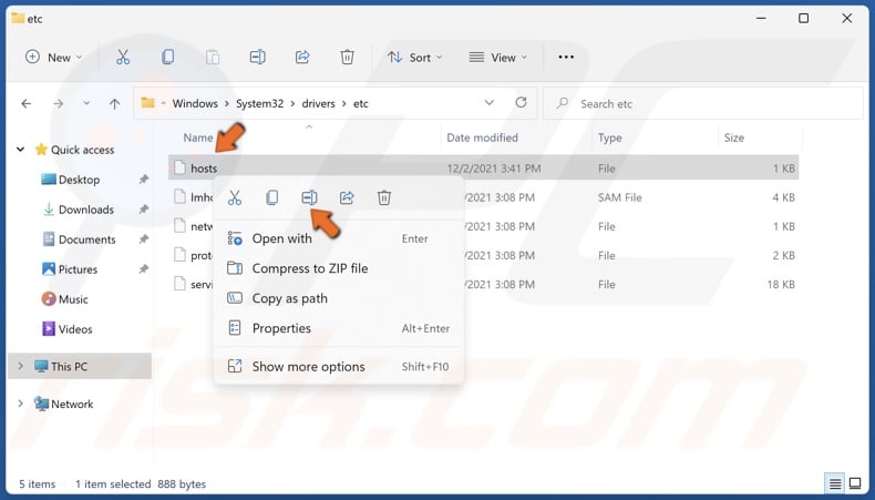 Right-click the hosts file and click Rename