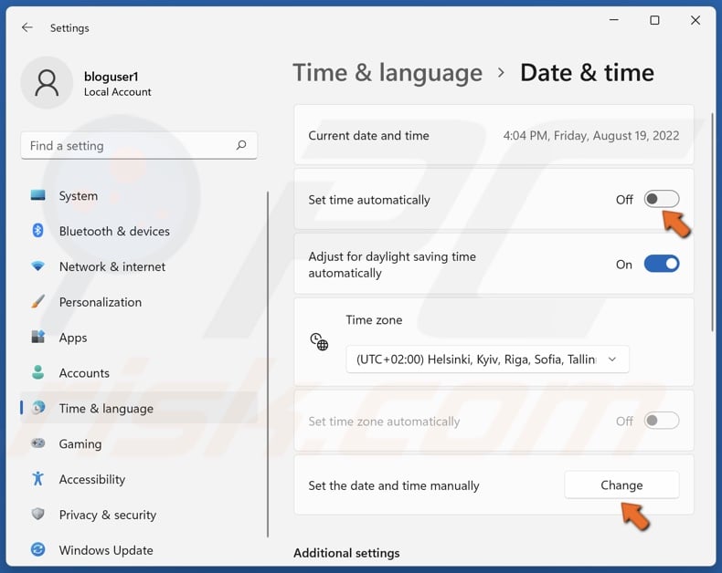 Toggle off Set time automatically and click Change