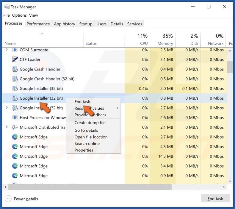 Right-click a process and click End task