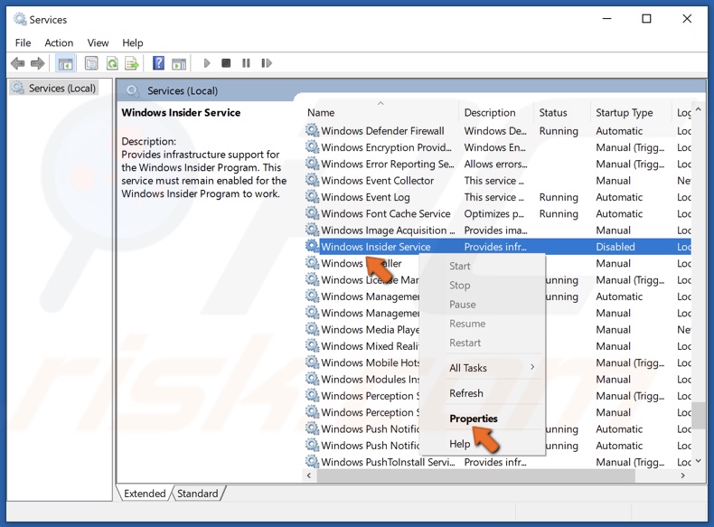 Right-click Windows Insider Service and click Properties