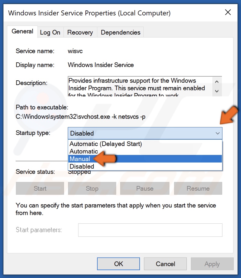 Select Manual startup and click Apply