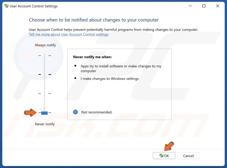 Move the slider to Never notify and click OK