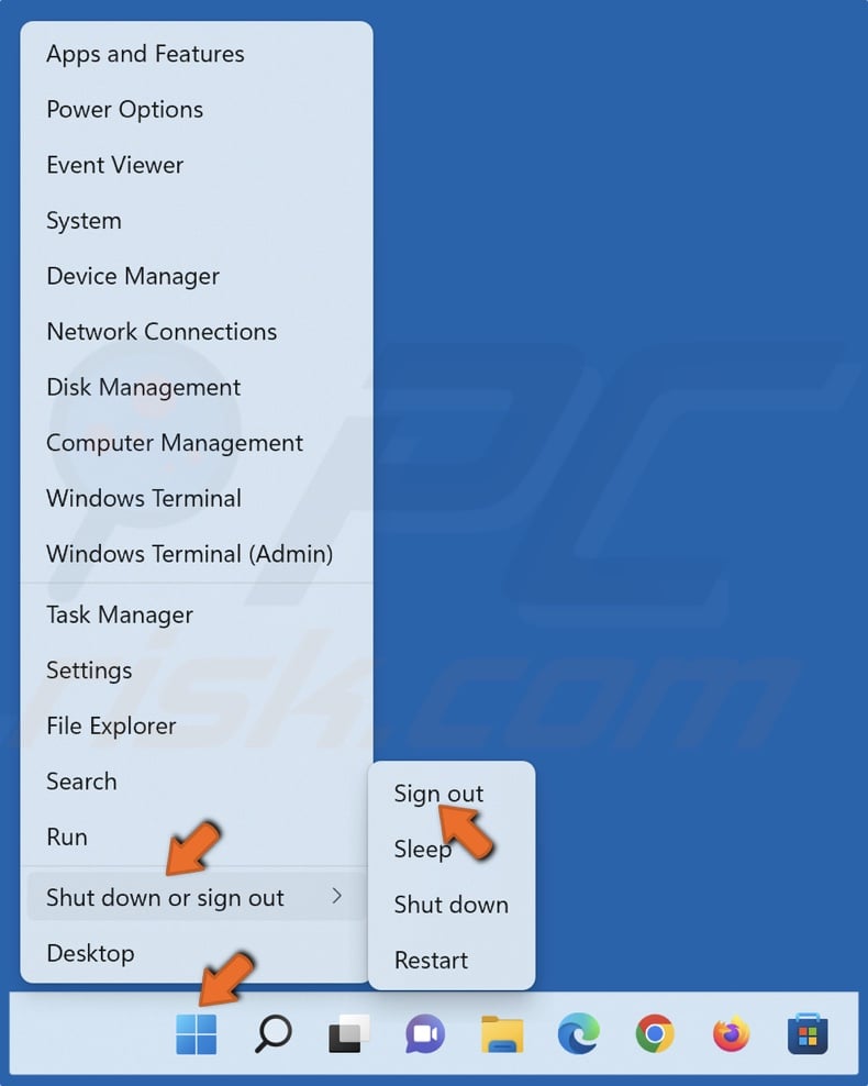 Right-click Start select Shutdown or sign out and click Sign out