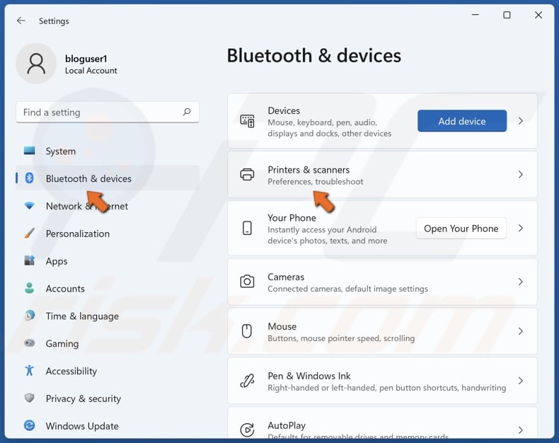 Select Buetooth & devices and click Printers & scanners