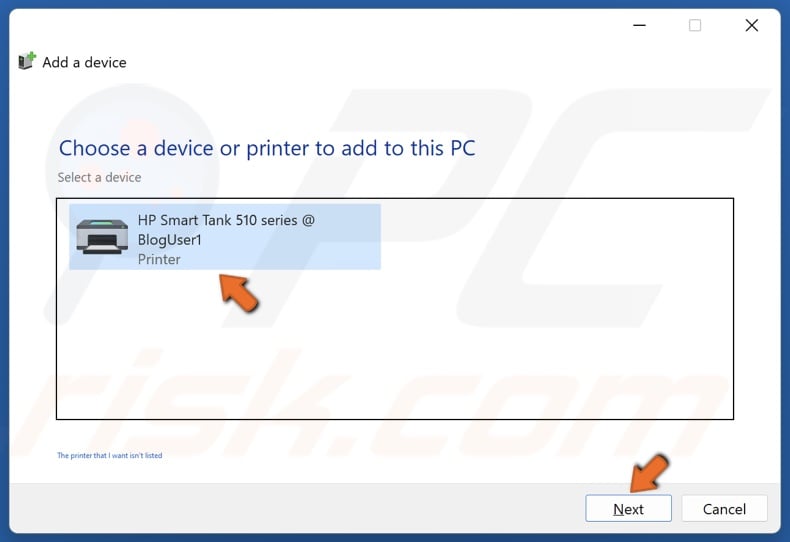 Select your Printer and click Next