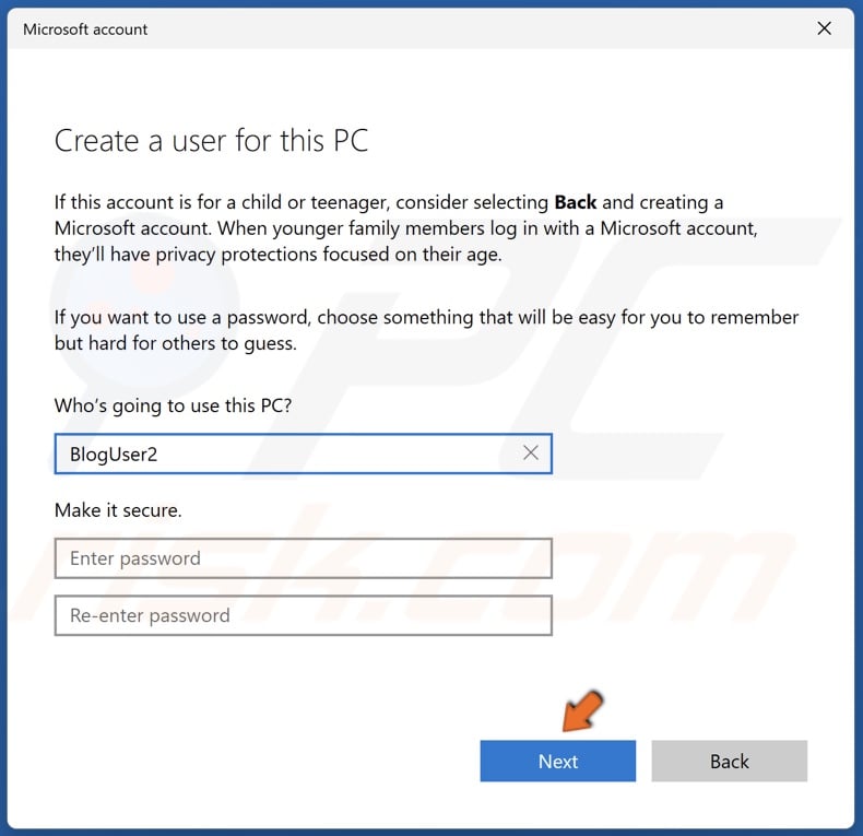 Type in a new account name and click Next