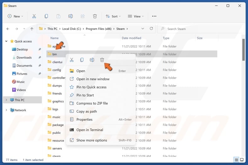 Right-click the bin folder and click Delete