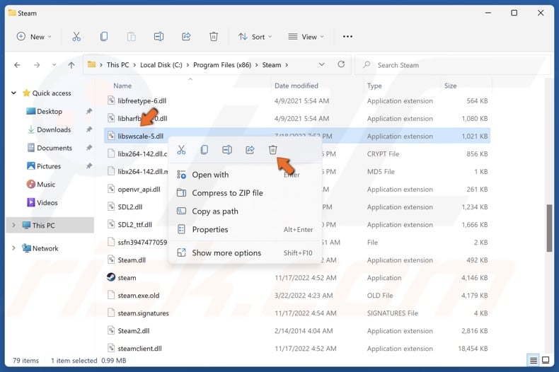 Right-click libswscale-3.dll and click Delete