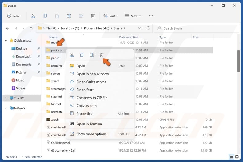 Right-click the package folder and click Delete