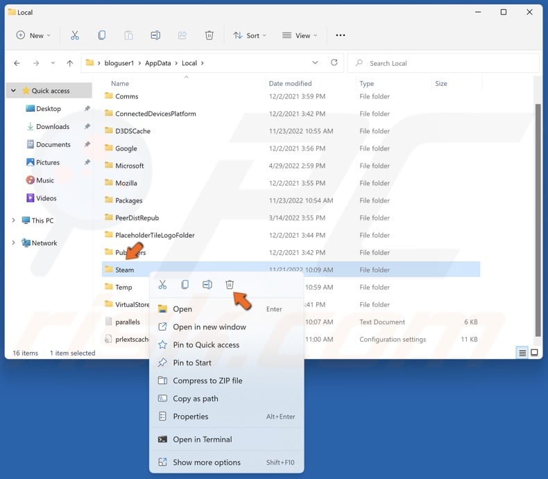 Right-click the Steam folder and click Delete