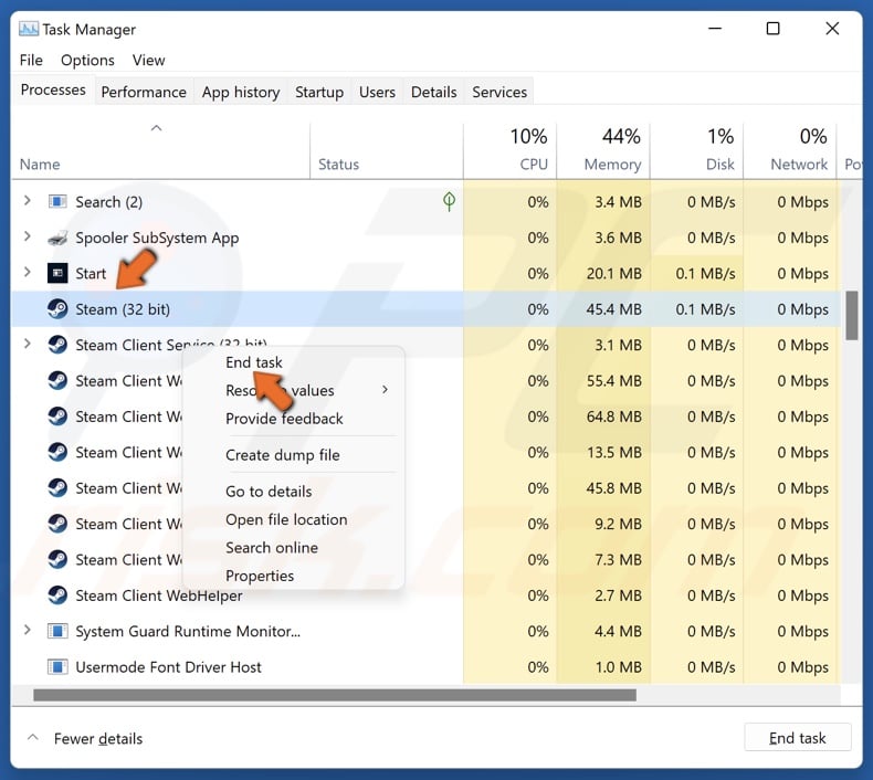 Right-click Steam processes and click End task