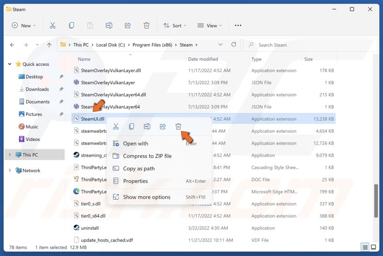 Right-click SteamUI.dll and click Delete