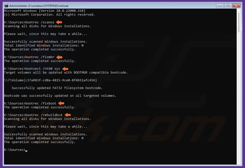 Run bootrec /rebuildbcd command