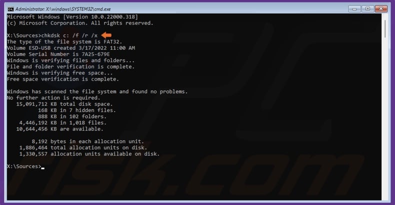 Run the CHKDSK C: /f /r /x command