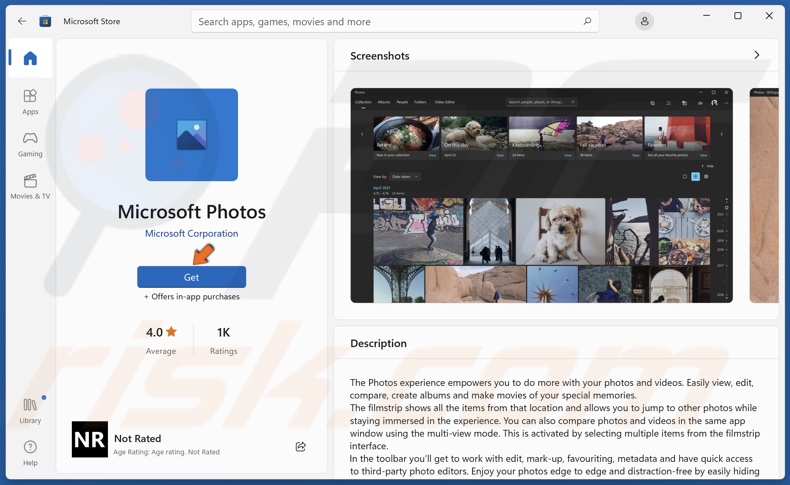 Click the Get button to download Microsoft Photos