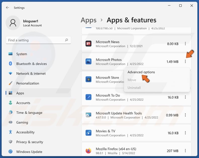 Select Microsoft Photos and click Advanced options