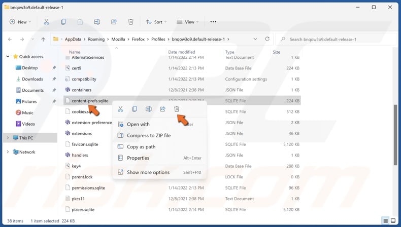 Right-click content-prefs.sqlite and click Delete