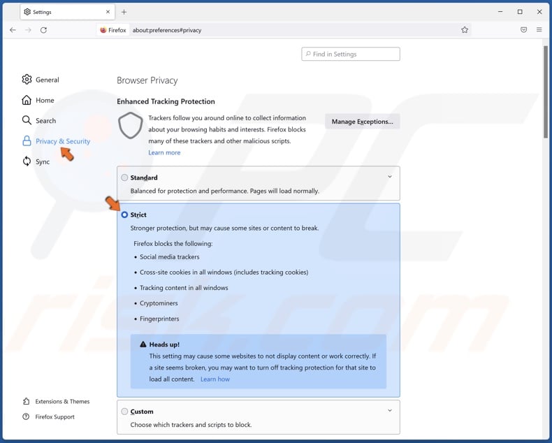 Select Strict tracking protection