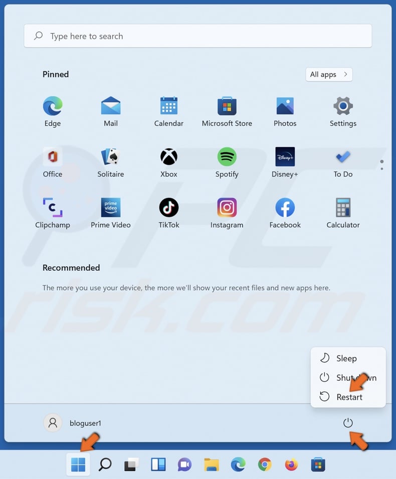 Open the Start menu and click the Power button