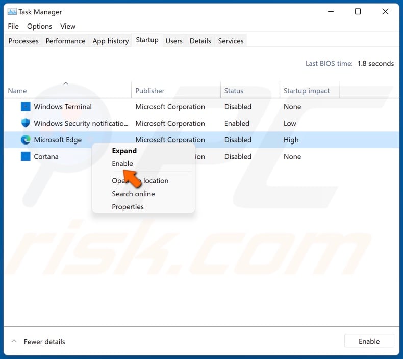 Right-click startup app and click Enable
