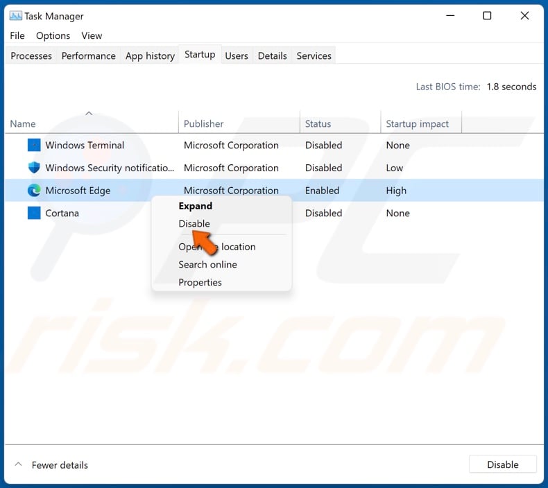 Right-click Startup apps and click Disable